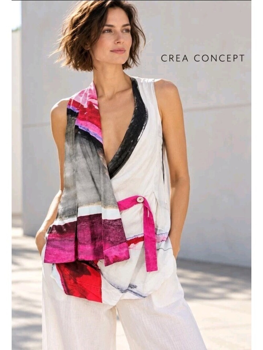 CREA CONCEPT Women’s Linen Blend Abstract Print Draped Vest Top 38/US 6 NEW #X